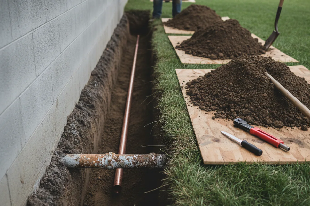 Excavated water line trench during Water Heater Repair in Hauppauge